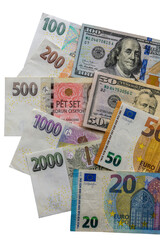 Banknotes of different countries background, top view
