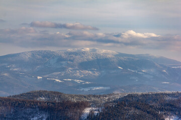 Polish mountains in winter sunny day, Malinowska Skala,. Szczyrk.
