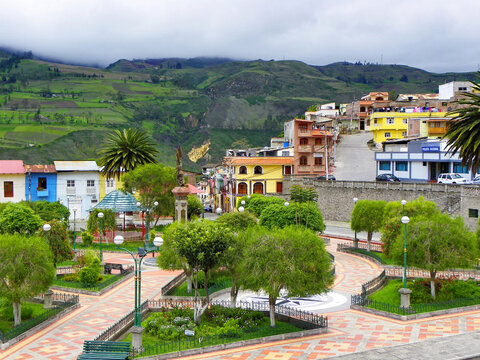 View of a square in the town of Alausi, Chimborazo province in Ecuador, South America. High mountain railway station of departure to Devil's Nose or Nariz del Diablo