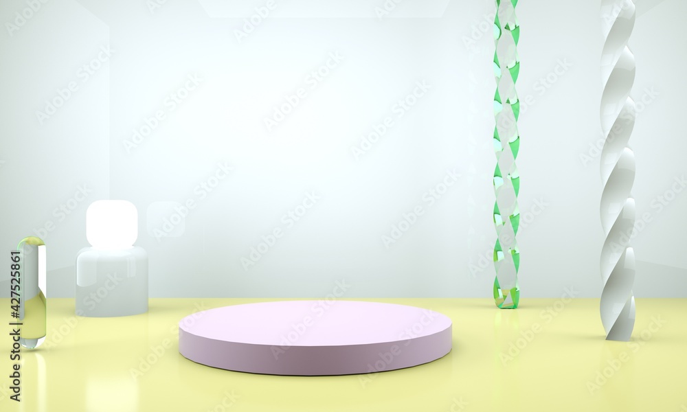 Poster 3d rendering studio with geometric shapes, podium on the floor. platforms for product presentation, 
