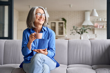 Smiling mature elder 60s woman sitting relaxing with cup of tea, coffee. Senior mid age stylish look woman with eyeglasses portrait with cup looking away at modern home.