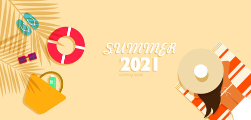 Summer 2021 banner. Illustration of summer banner with beach items and copy space. Girl lying on the beach towel.