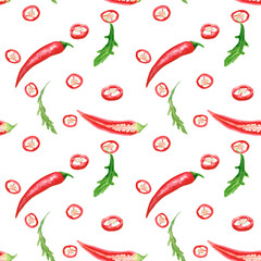 The pattern. Chili pepper, arugula. Watercolour. The images are hand-drawn and isolated on a white background.