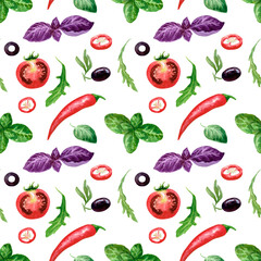 The pattern. Chili pepper, olives, arugula, basil, tomato. Ingredients for pizza. Watercolour. The images are hand-drawn and isolated on a white background.