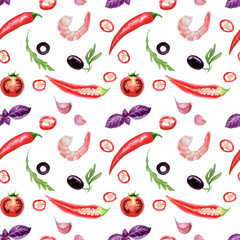 The pattern. Hot pepper, garlic, herbs, shrimp, tomatoes, olives. Watercolour. The images are hand-drawn and isolated on a white background.