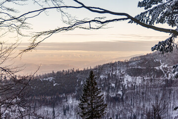 Obraz premium Polish mountains in winter sunset, Szyndzielnia, Bielsko-Biała