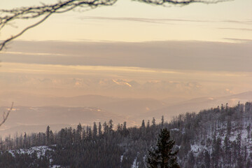 Polish mountains in winter sunset, Szyndzielnia, Bielsko-Biała