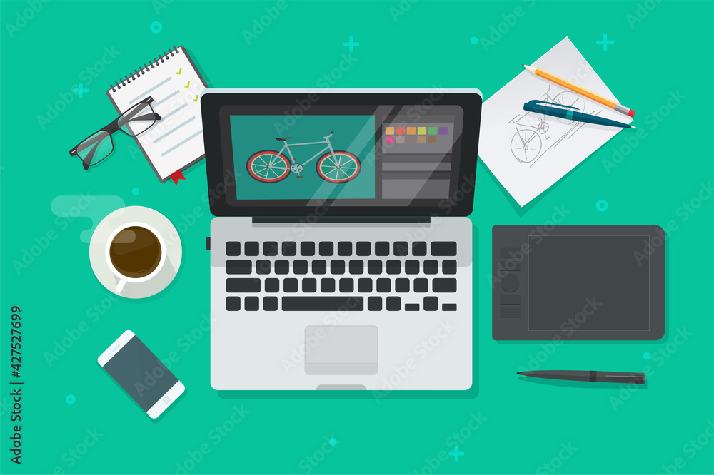 Fototapete workplace table of digital graphic web designer vector flat cartoon illustration top view, desktop o