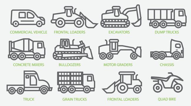 Icon set of construction equipment. Special machines for the construction work. Special equipment. Commercial Vehicles. Vector stock illustration.
