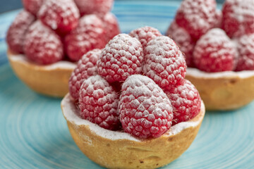 Set of appetizing raspberry tartlets with icing sugar on a spongy sponge base on a wooden table.
