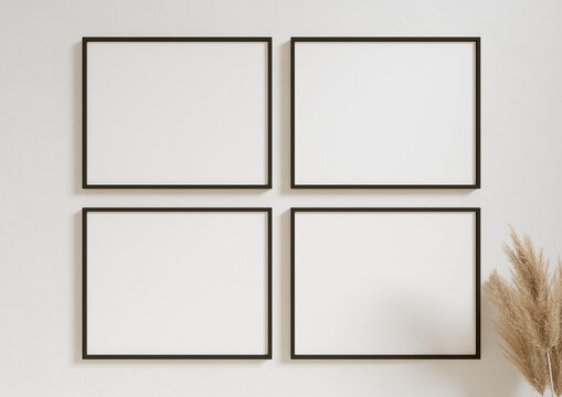 Four 8x10 Vertical and Horizontal Black Frame mockup with decorations on white wall. 3D Rendering