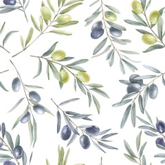 Seamless watercolor pattern of olive branches with berries on a white background.