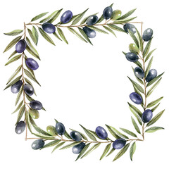 Frame made of olive branches watercolor drawing.
