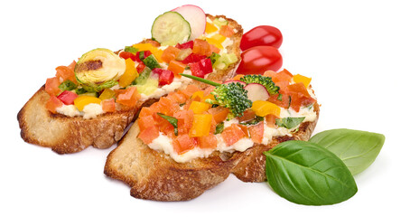 Italian bruschetta with mozzarella cheese, isolated on white background. High resolution image