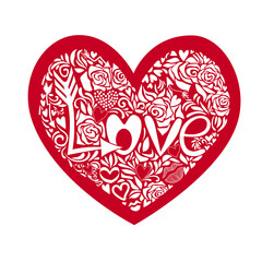 Heart in red, paper cut minimalist style, transparent inside. Inside the heart there are monograms and flowers and love is written. Stock vector illustration isolated on a white background.