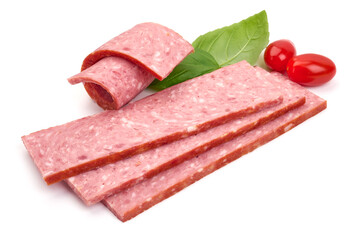 Salami sausage slices, isolated on white background. High resolution image