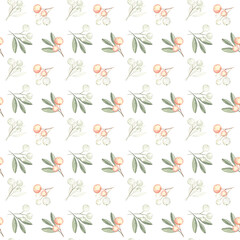 Floral ornament with small berries and leaves on white isolated background. Seamless pattern. Watercolor hand drawn elements. Good for fabric, wallpapers, wrapping paper; farmhouse, cottage styles.