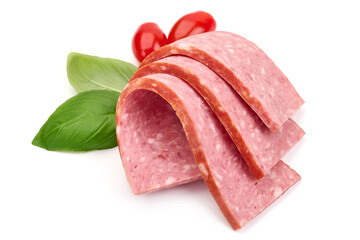 Salami sausage slices, isolated on white background. High resolution image