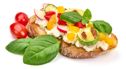 Italian bruschetta with mozzarella cheese, isolated on white background. High resolution image