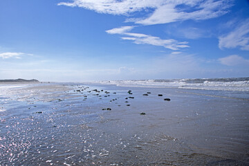 Waves breaking on beach on Norfolk UK coastline. Late afternoon sunlight.