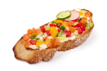 Bruschetta with mozzarella cheese, isolated on white background. High resolution image