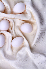 Flat lay still life chicken eggs.