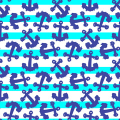 Blue ship anchors and stripes isolated on white background. Cute striped seamless pattern. Vector simple flat graphic hand drawn illustration. Texture.