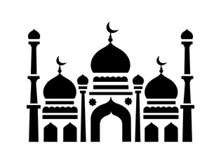 Islamic mosque. The holiday of Ramadan, the religion of Islam. Construction in Islam. Black and white icon. Vector illustration isolated on white background.