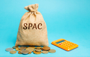 Money bag with the word SPAC - Special purpose acquisition company. Simplified listing of company,...