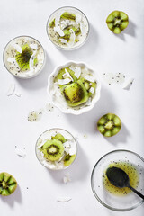 Kiwi and coconut panna cotta with fruit cut in different shapes.