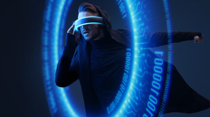 Man on dark virtual reality background. Guy using VR helmet. Augmented reality, future technology, game concept. Blue neon light. Futuristic holographic interface to display data.