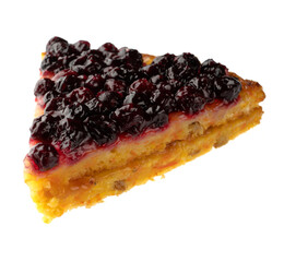 Sliced piece of carrot pie, sprinkled with currant berries on top, on white background isolated