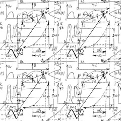 Math and Geometry seamless pattern with handwriting and drawing of various graph solutions. Geometry and mathematics subjects graphics. College lectures. Vector.