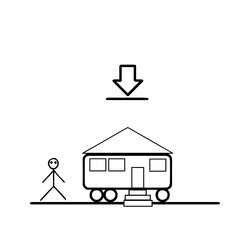 A mobile home icon and a small man next to it. Vector drawing of a mobile home isolated on a white background.