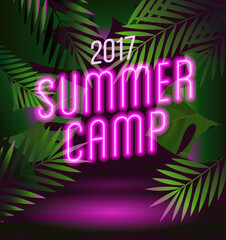 Traveling template poster ,vector illustration. Holiday party poster with palm leaf and lettering Summer Camp. Summer time background