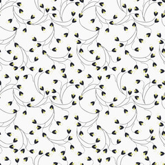 Ditsy pattern. Vector floral seamless texture. Abstract background with simple small flowers on twigs. Liberty style wallpapers. Black, green and white color. Elegant repeat design for decor, textile