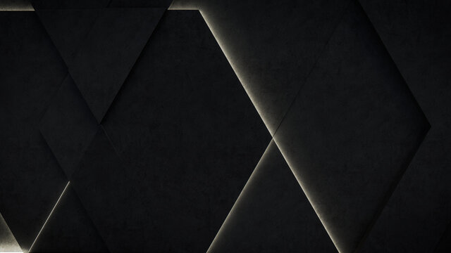 Dark, Concrete wall background, with integrated White light strips. Geometric Tech Wallpaper with Illuminated, Futuristic, 3D Blocks. 3D render