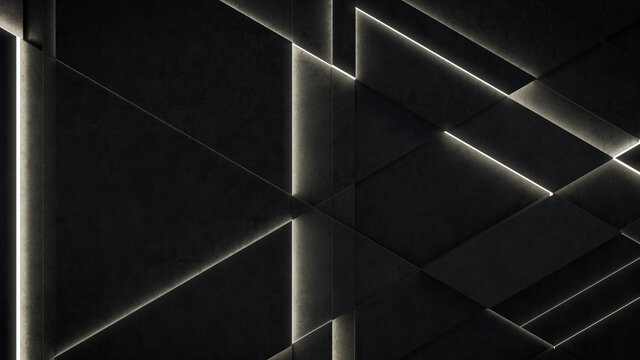 Dark, Concrete wall background, with integrated White light strips. Geometric Tech Wallpaper with Illuminated, Futuristic, 3D Blocks. 3D render