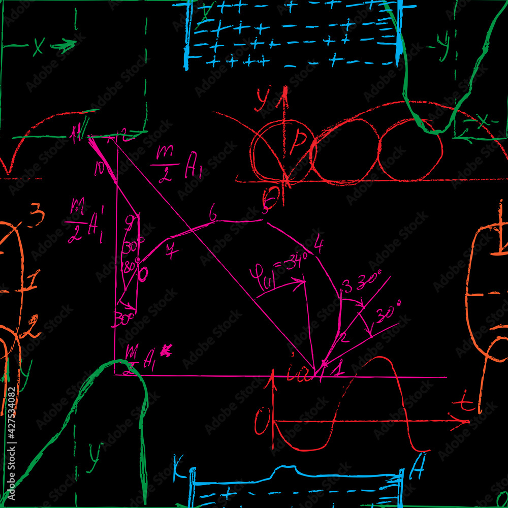 Poster seamless pattern of math and geometry, endless handwriting and drawing of various graph solutions on