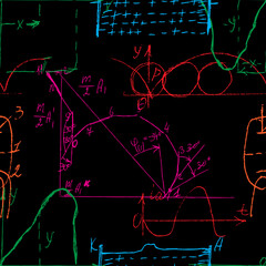 Seamless pattern of Math and Geometry, endless handwriting and drawing of various graph solutions on chalk boards. Mathematics subjects graphics. College lectures. Vector.