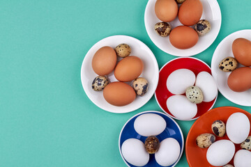 Plates with chicken and quail eggs.