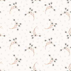 Ditsy background. Vector floral seamless pattern. Abstract ornament texture with simple small gray and red flowers on twigs. Liberty style wallpapers on beige backdrop. Elegant design for decor, cloth