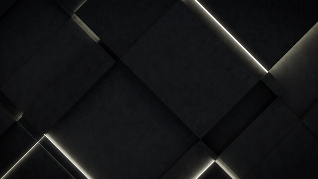 Dark, Concrete wall background, with integrated White light strips. Geometric Tech Wallpaper with Illuminated, Futuristic, 3D Blocks. 3D render