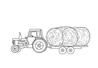 Contour of an agricultural tractor with a trailer, hay harvesting. Vector illustration, rural vehicle icon.