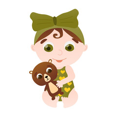 Little cute girl embracing teddy bear, toddler in grenn singlet in cartoon style isolated on white background, baby