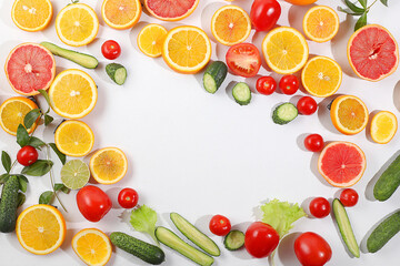 Fresh summer tropical fruits and vegetables on a bright sunny table with place for text, detox diet...