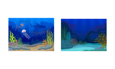 Underwater Bottom View with Algae and Sea Weeds Vector Set.