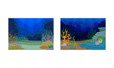 Underwater Bottom View with Algae and Sea Weeds Vector Set.