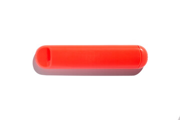 Disposable e-cigarette in red on white isolated background. The concept of modern smoking, vaping and nicotine. Top view