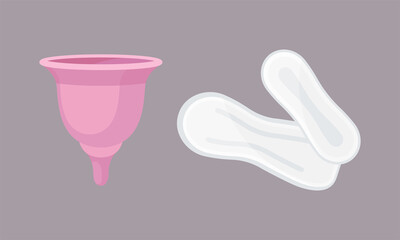 Menstruation or Period with Female Sanitary Pads and Menstrual Cup Vector Set